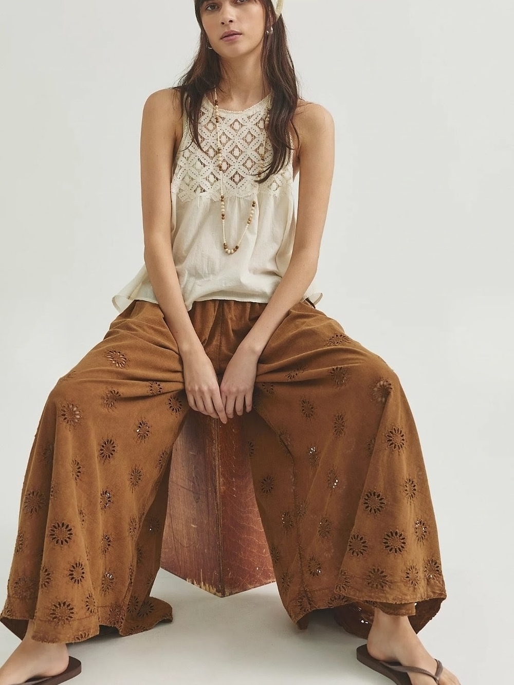 Free People Sweet Serenade Eyelet Embroidered Wide Leg Pants Aged Gold Size 0